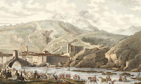C. Vernet's painting of the French crossing bridge at Millesimo 1796. Cosseria is in background.