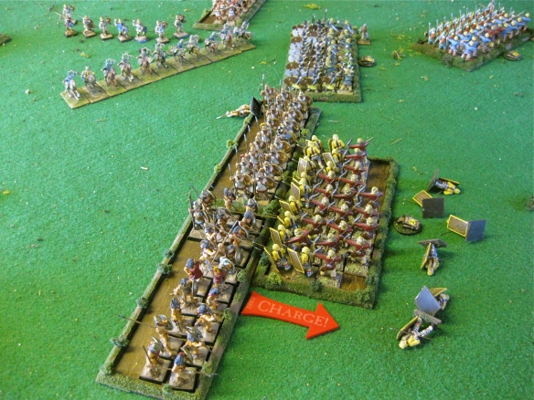 Wheeling left, the "naked" Spartan perioikoi hoplites and supporting Greek hoplites charge home on Persian levy infantry.