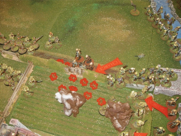 First bloody fight over the stone wall ends with a destroyed English platoon and German dead on the roadway.