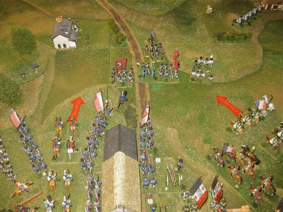 Opening French movements done, exchange of artillery fire and the French trumpets sound the charge.