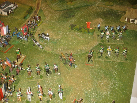 2nd Turn. the Prussian 2nd Dragoons regiment charges forward to engage the advancing French dragoons while the Prussian squares are under bombardment.