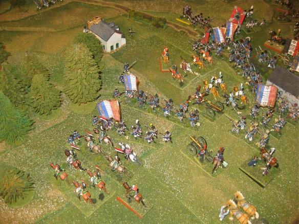 2nd turn French movement done, the French left flank advance into contact again pressuring the Prussian fusilier battalion in the woods.