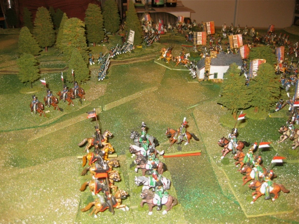 1900 hours. The French 5th Light Cavalry exit the left flank woods and are counter-charged by the Prussian 6th Uhlans (ex Lutzow).