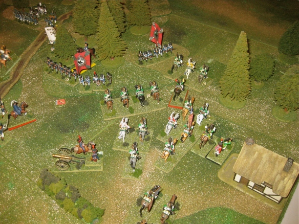 The French 9th Dragoon division has arrived before the woods. Prussian infantry battalion seek to stem their advance.