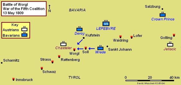 Situation map at time of the Battle of Worgl May 13, 1809