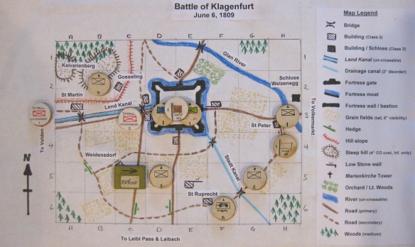 Scenario map with starting command positions. Note the Italian brigade used the option to deploy in E4 map square at start.