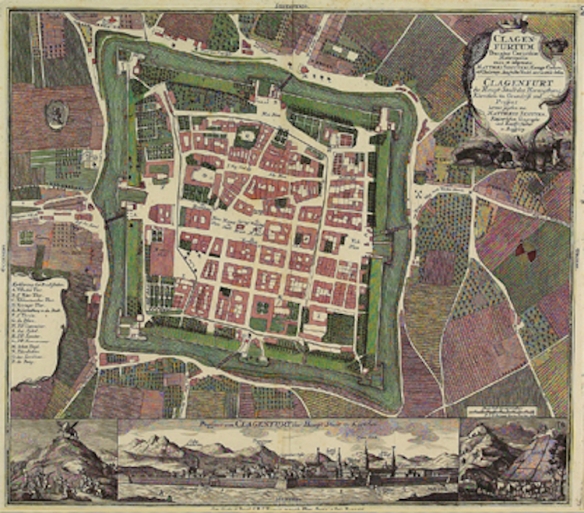 Klagenfurt map circa 1735 showing the street layout, fortress walls, city gates, and moat around the city.
