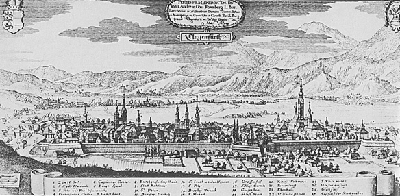 Klagenfurt fortess in 1649 clearly shows the walled city.