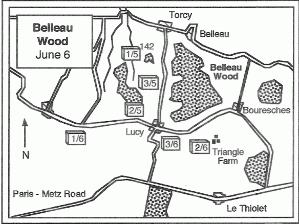 Hill 142 upper left marked and Belleau Woods June 1918.